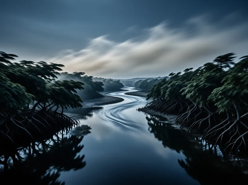 Smooth water reflects a cloudy sky as dense mangrove trees lean along the banks of a winding river in cool blue tones.