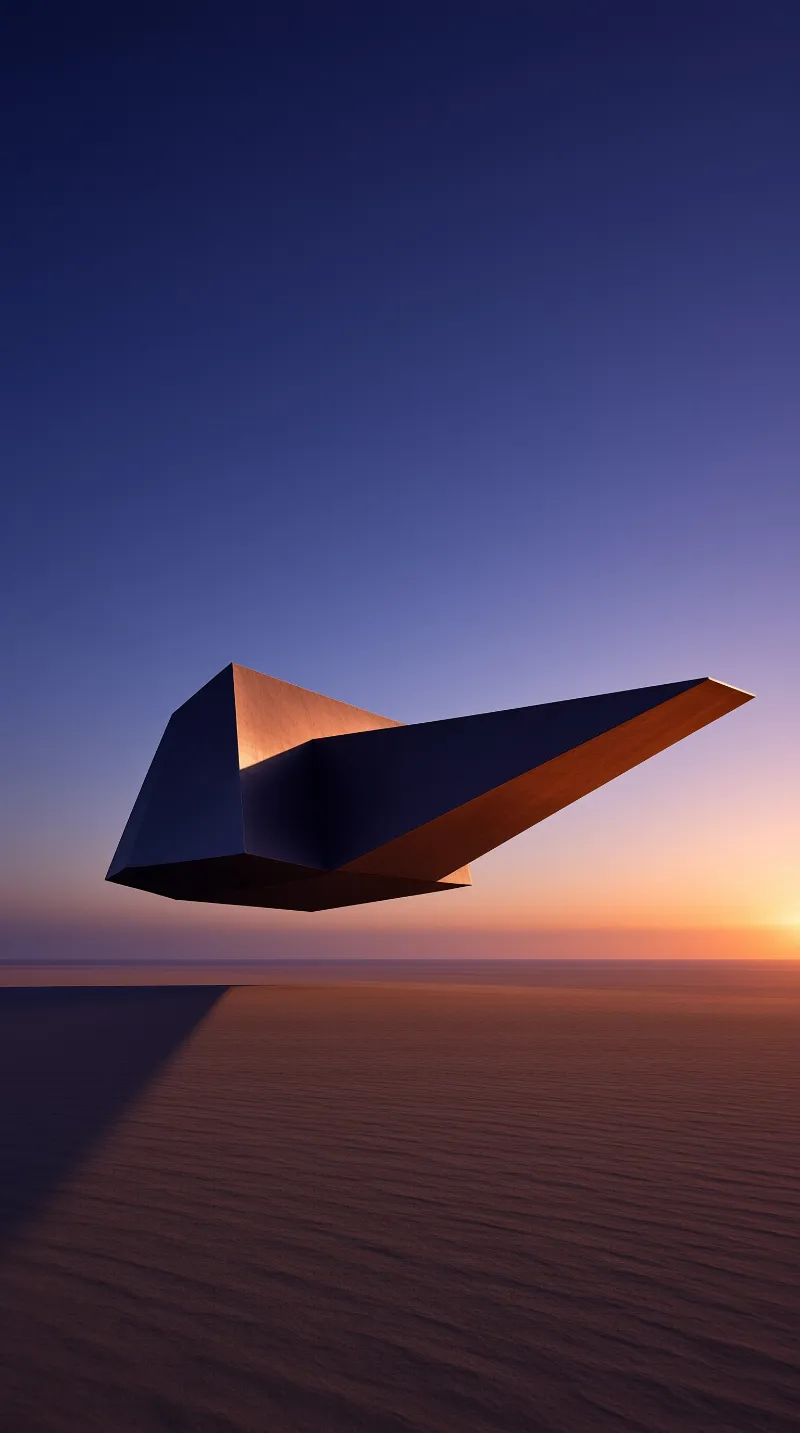 A dark faceted geometric object hovers above rippled desert sand under a twilight sky fading from blue to orange.