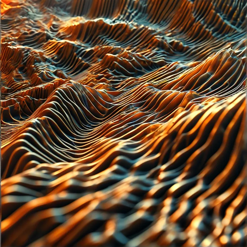 Undulating desert terrain features sharp ridges highlighted by warm sunlight against cool blue shadows.