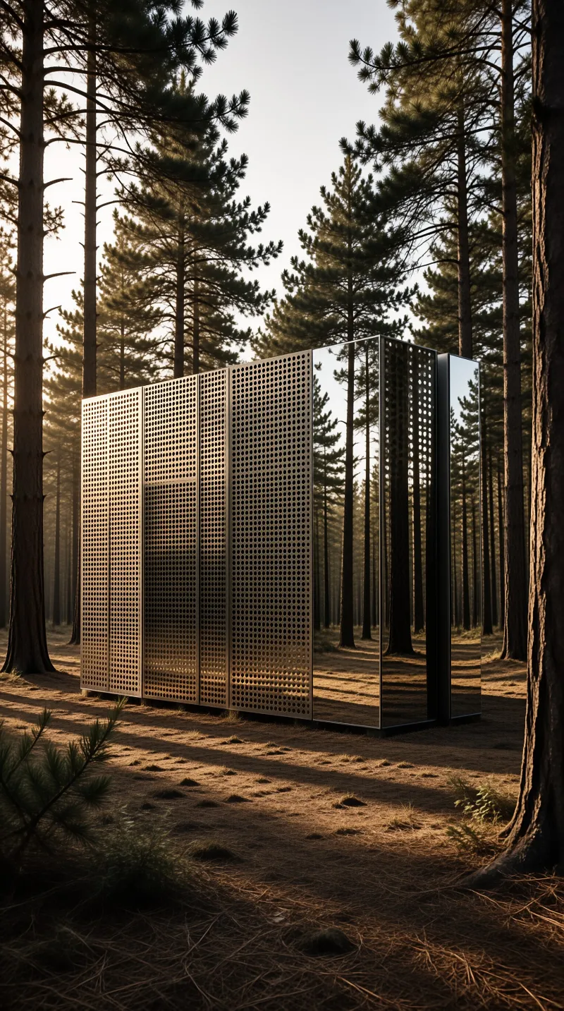 A rectangular installation with perforated metal and mirrors stands among pine trees in warm golden light.