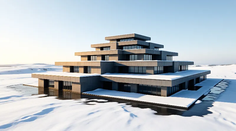 A tiered geometric concrete house sits surrounded by snow covered flat terrain under pale clear early morning sky