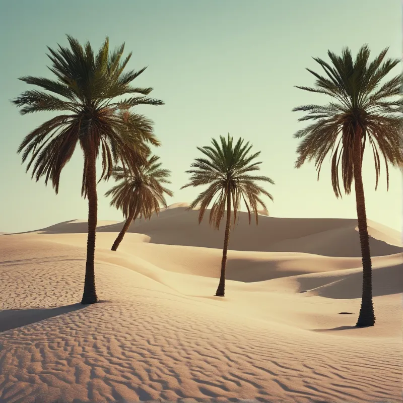 Four palm trees stand scattered across rolling sand dunes under a soft pale sky.
