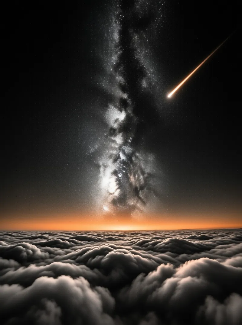 Vertical Milky Way band rises above rolling clouds with a bright meteor streaking across the dark sky.