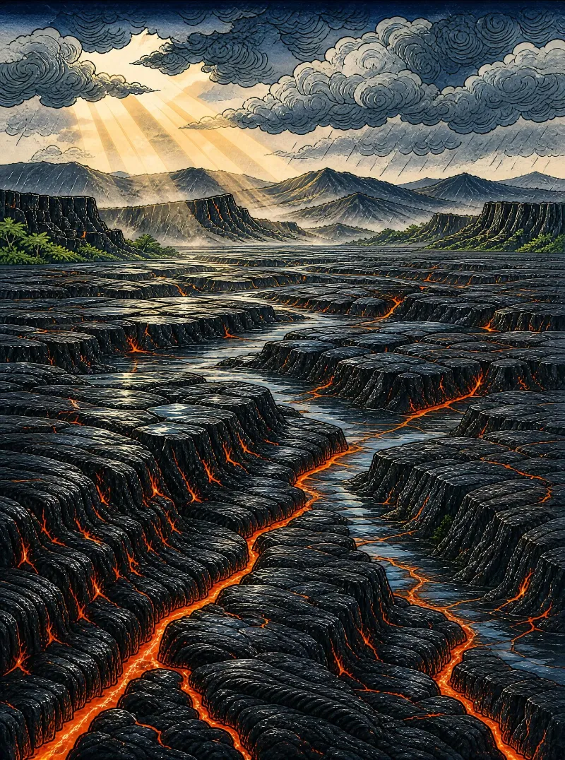 A vast lava field with cracked black rock and glowing orange fissures stretches toward distant mountains under a stormy sky with rays of sunlight breaking through