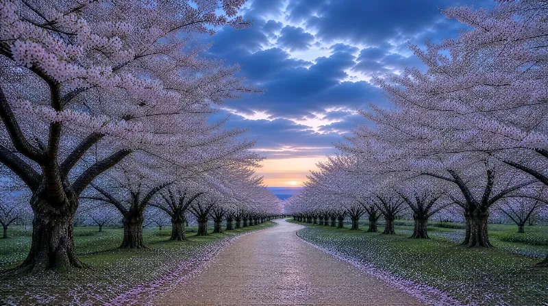 Cherry Blossom Path at Dusk
