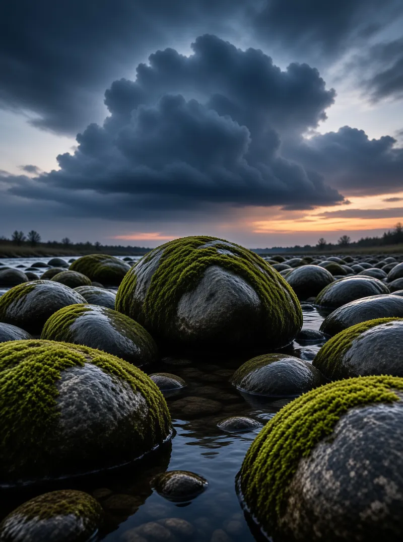 Green moss caps dark wet boulders in shallow water while a massive cloud towers over a glowing dusk horizon.