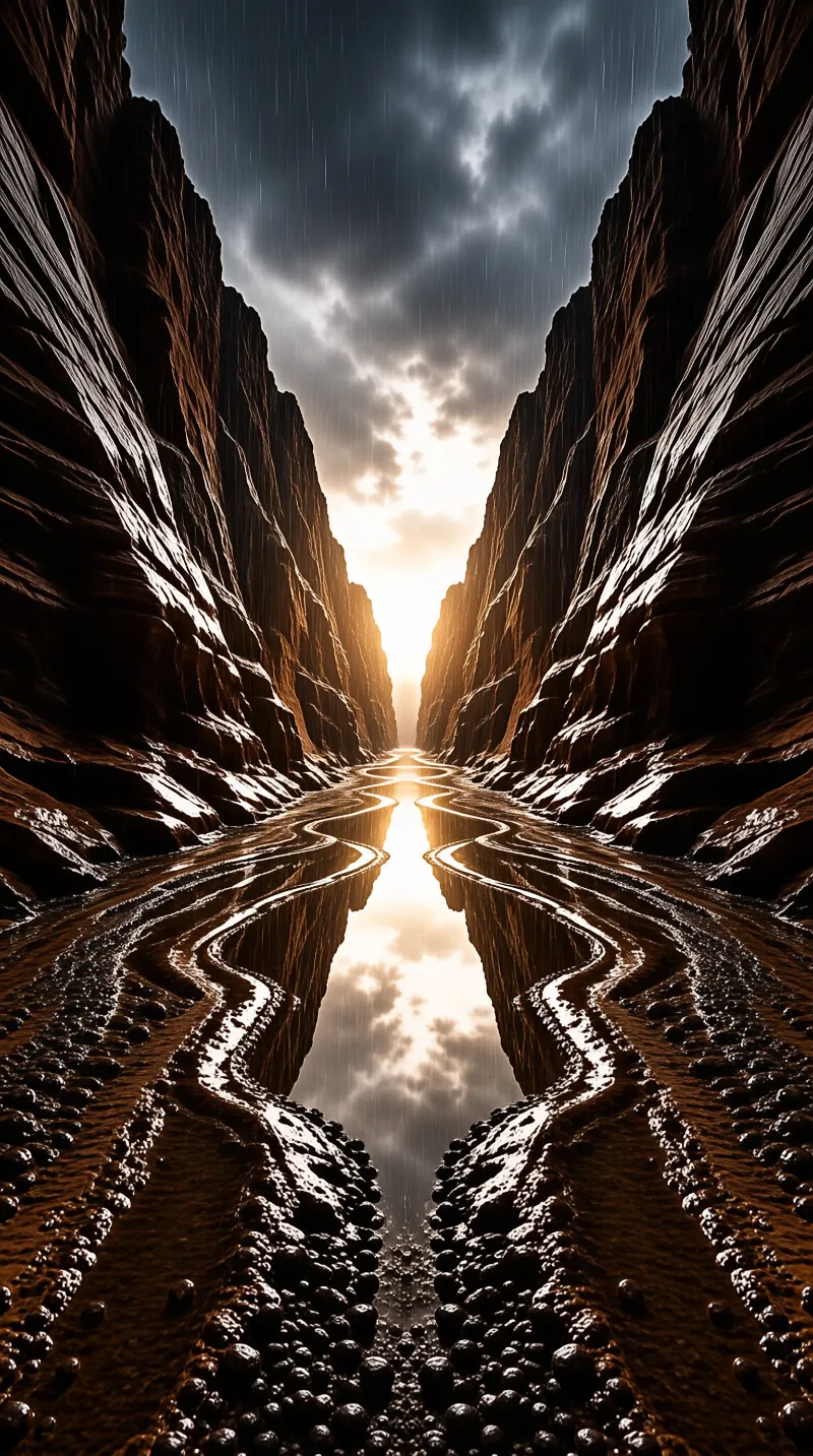 A still river mirrors the sky between towering wet canyon walls as light glows at the far end.