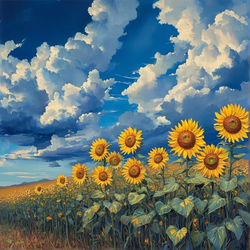 Vibrant sunflowers rise from an open field beneath a bright blue sky heavy with puffy white and grey cumulus clouds
