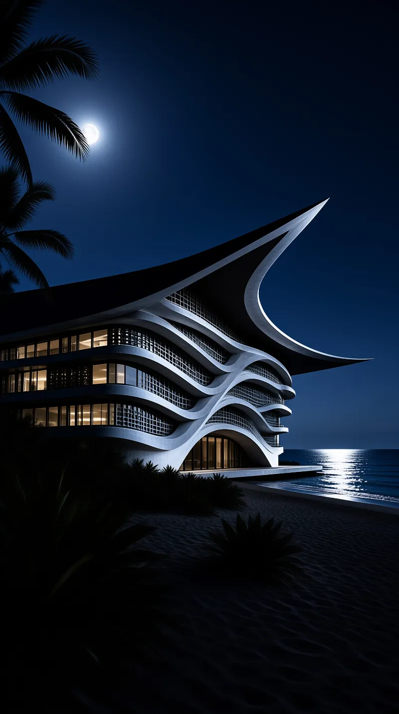 A sleek white building with wave-like layers sits on a dark shoreline while a bright moon reflects off the ocean water.