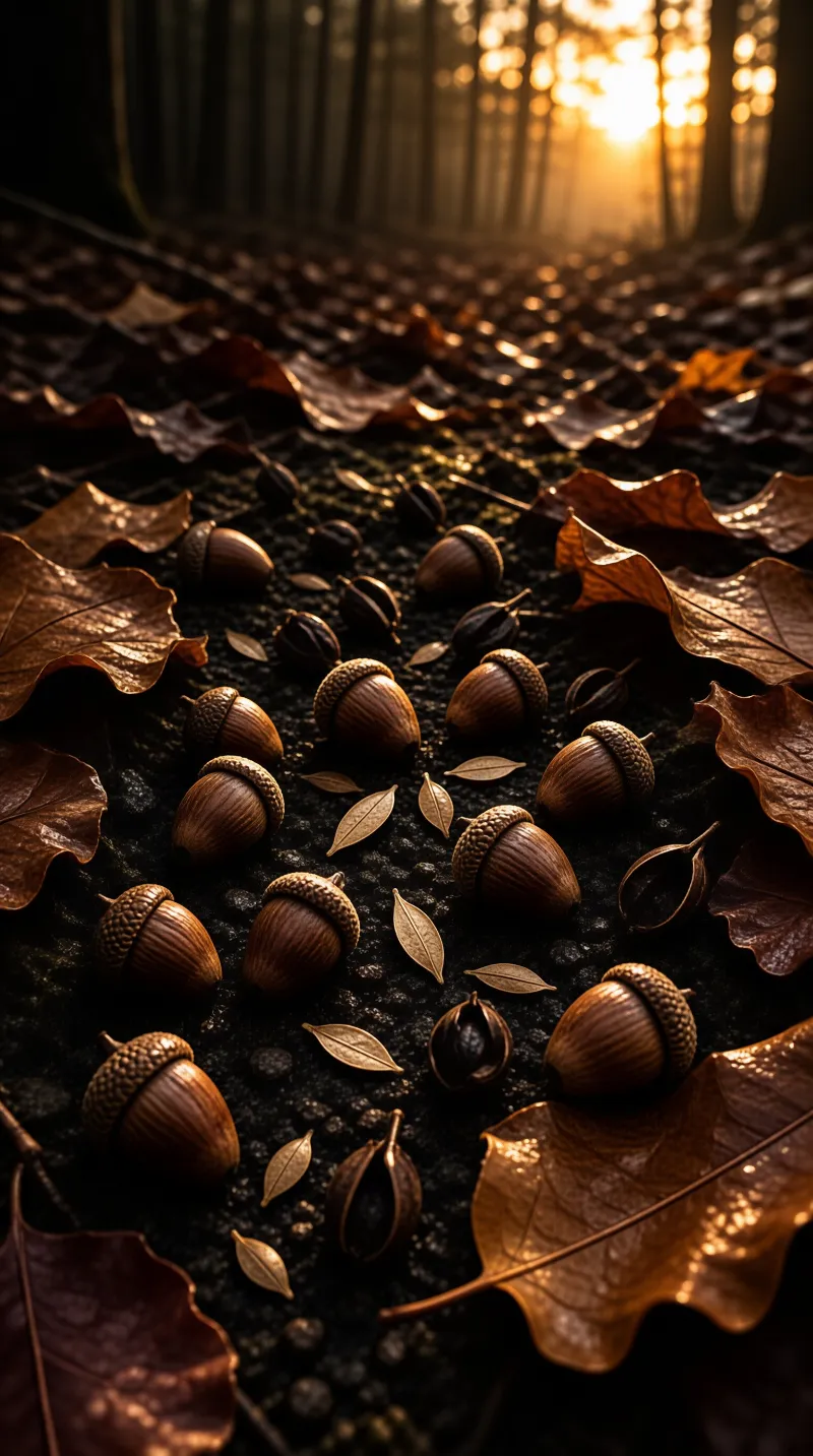 Acorns and dry leaves cover the dark ground with golden sunlight filtering through the trees in the distance.