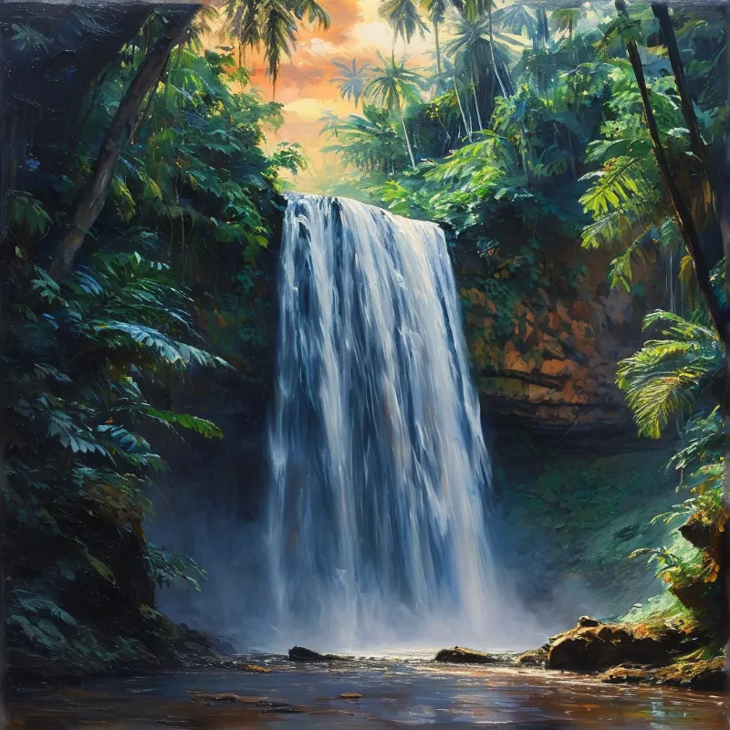 Tall white waterfall cascading between dense green palm leaves under a warm orange sky