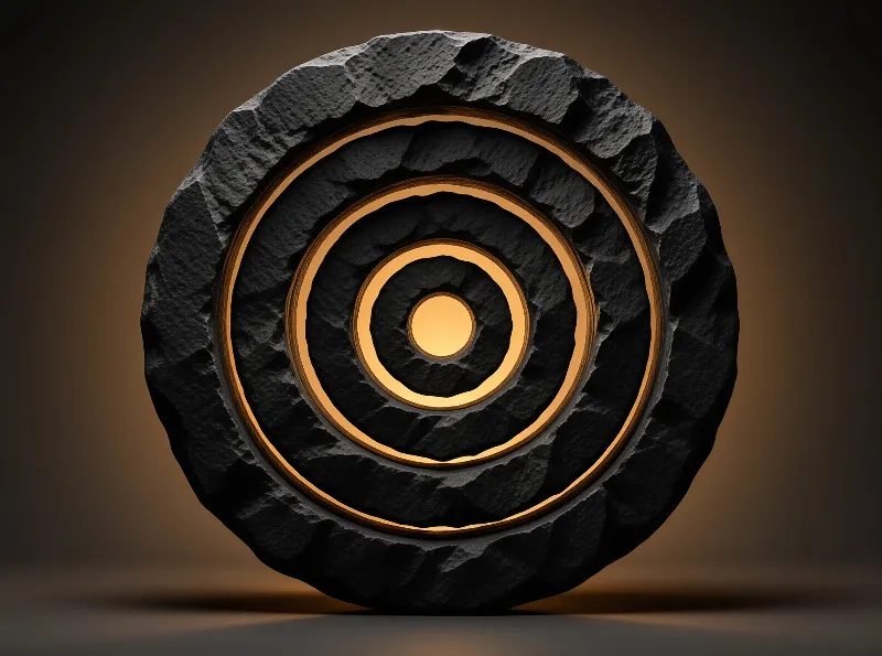 A rough dark stone disc features concentric glowing golden rings that create a spiral effect against a smooth brown backdrop.
