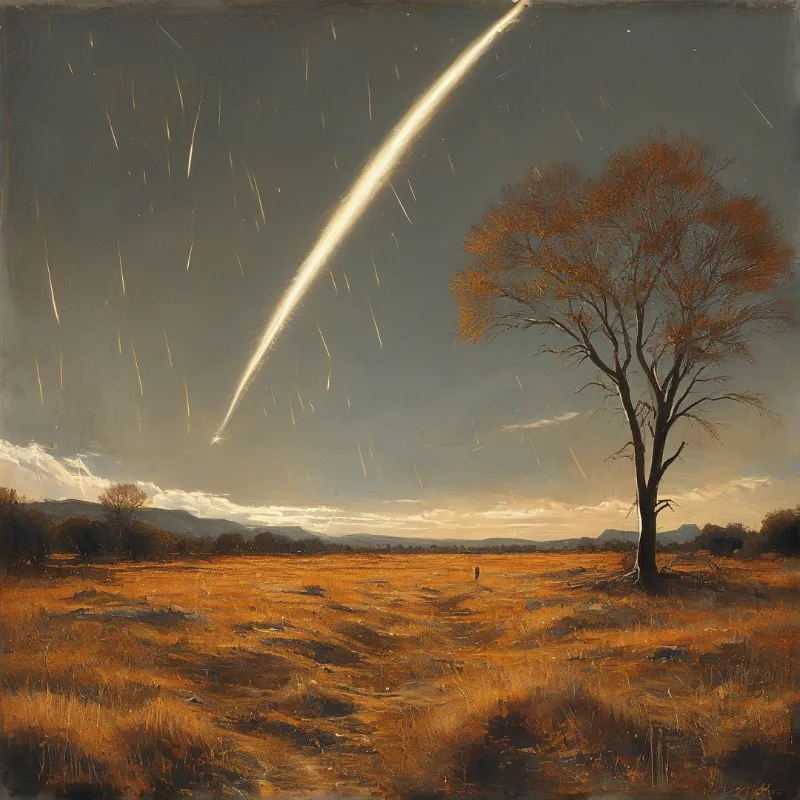 A solitary bronze-leafed tree stands in a golden field as a bright comet slashes across a dark painted sky.