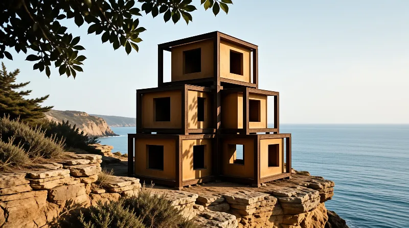 Geometric wooden structure stacked atop a limestone cliff overlooking the calm blue ocean under warm afternoon sunlight.