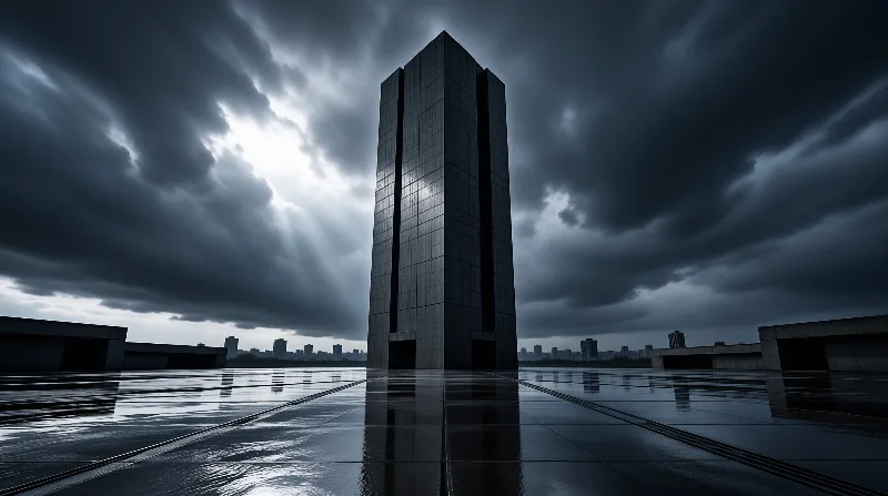 A single slab-like skyscraper looms over wet paving while dramatic clouds part in slanting light.