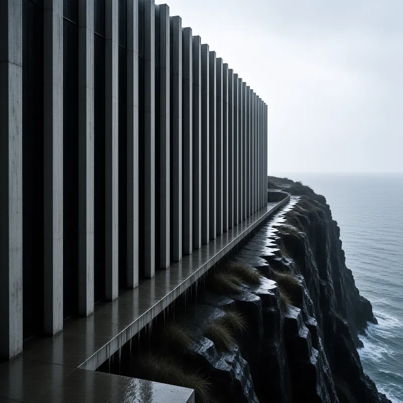Vertical concrete columns line a wet walkway along a dark cliff edge overlooking the calm grey ocean.