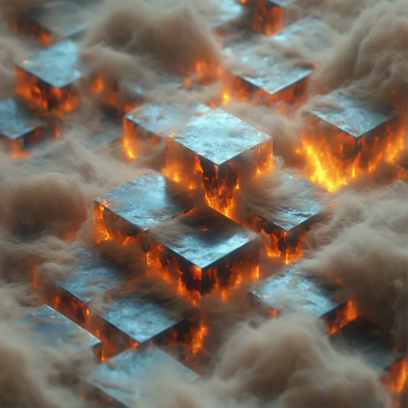 Shiny silver blocks emerge from swirling orange flames and dense grey smoke surrounding them.