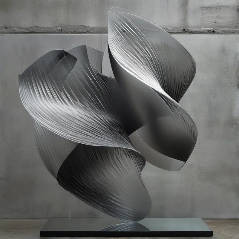 A large twisted sculpture made of layered translucent sheets stands on a dark reflective base against a textured raw concrete wall, illuminated by soft studio lighting that highlights its complex geometric curves and monochromatic grey tones.