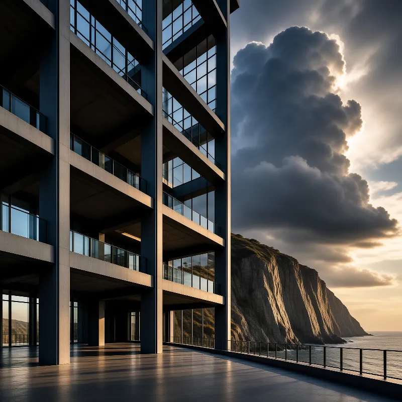 A modern concrete building overlooks a rugged coastal cliff under a dramatic sky with heavy clouds and golden sunlight.