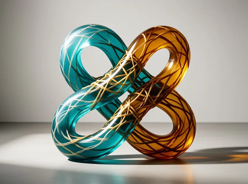 Two interlocked glass sculptures in teal and amber hues rest on a gray surface under soft lighting