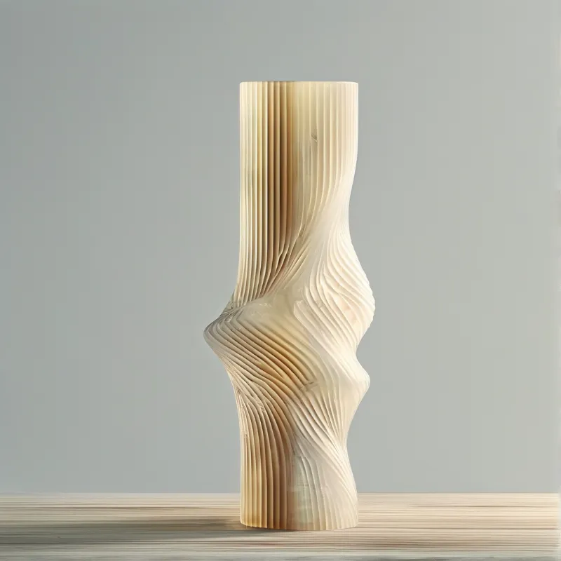 A tall cream sculpture with vertical ribs stands on a wooden surface against a grey wall