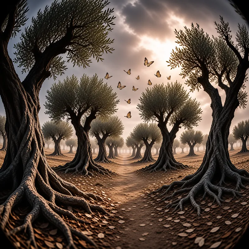 A flock of orange butterflies flies through a row of ancient olive trees under a bright cloudy sky.