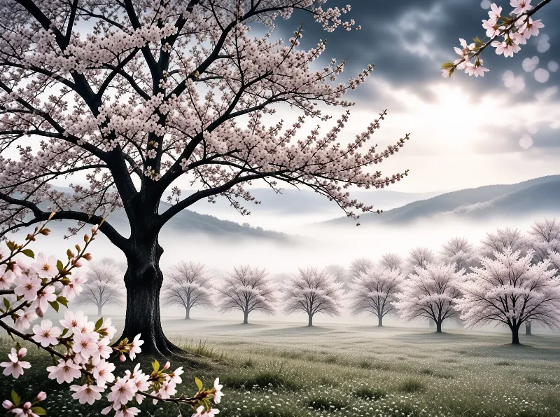 Pale cherry blossoms stand against a foggy valley where low clouds drift beneath heavy grey clouds.