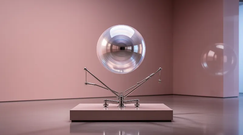 A reflective metallic orb hovers over a silver mechanical stand in a pink room.