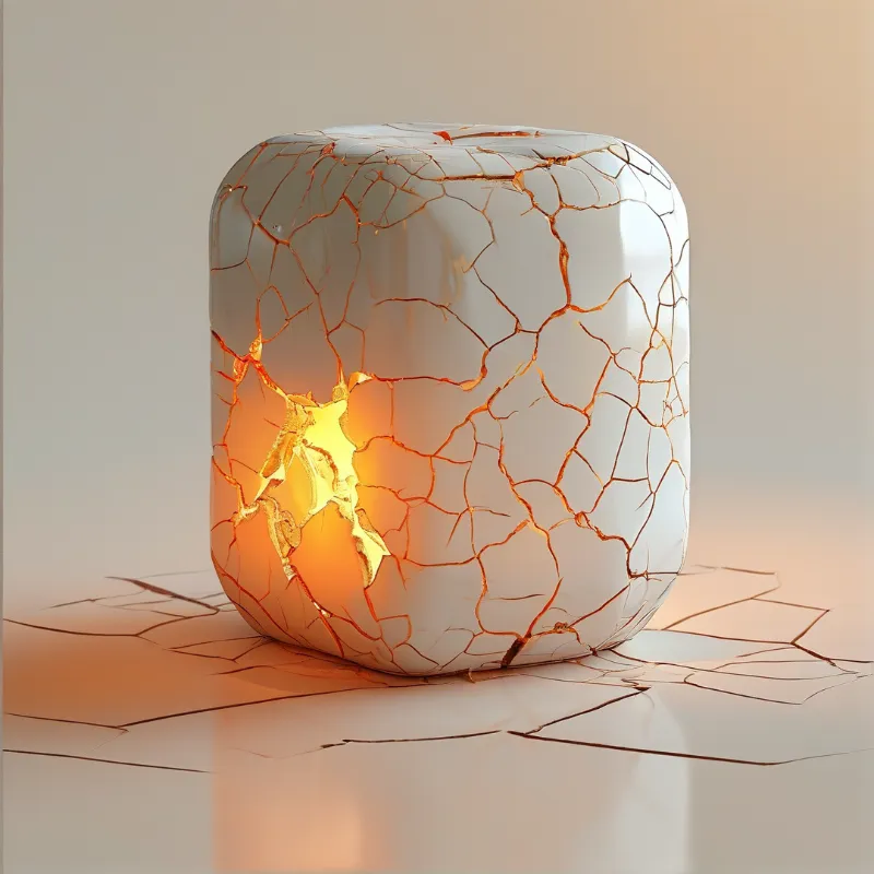 A rounded white ceramic cube with luminous orange cracks stands on a cracked surface.