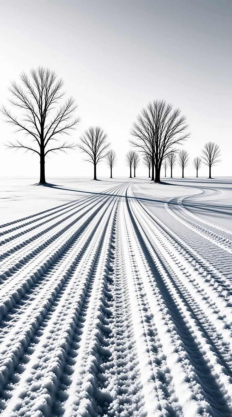 Black and white photo of deep tracks in snow leading towards a line of bare leafless trees under a bright sky.