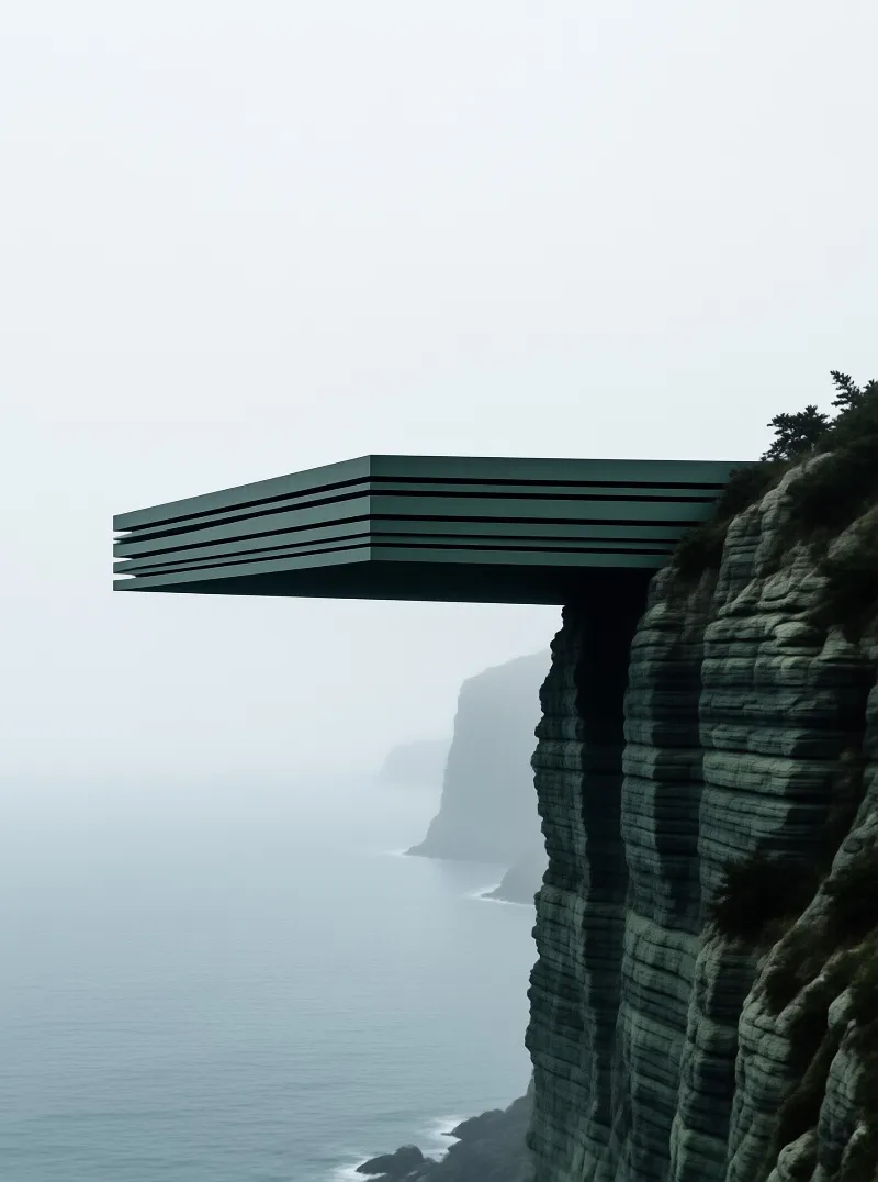 A sleek modern structure protrudes from a rugged cliff face into a foggy seascape with layered rock formations in the background.