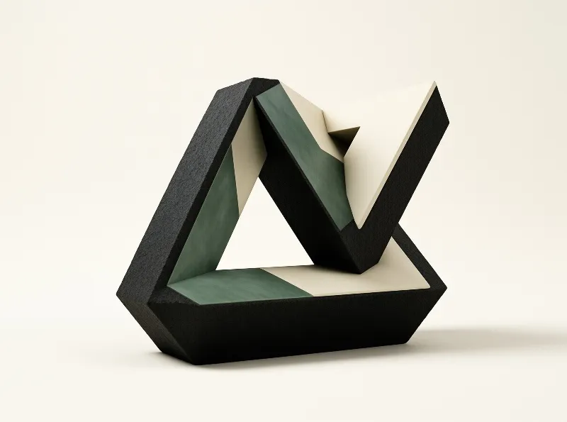 A three dimensional impossible triangle sculpture sits on a plain off white background under soft studio lighting.