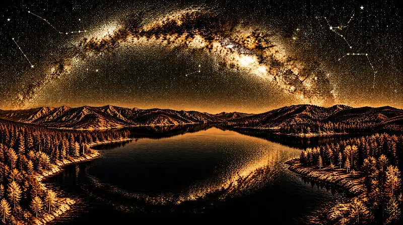 A lake surrounded by forested mountains under a starry night sky with the Milky Way galaxy visible