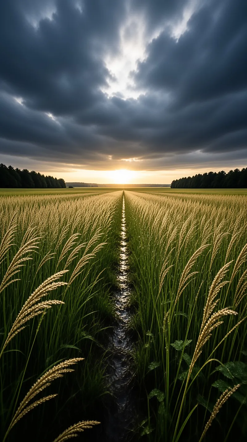 A narrow water ditch runs straight through a ripening wheat field towards a warm sunset behind heavy dark storm clouds at the horizon