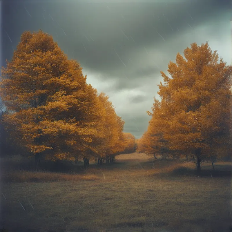 Golden trees line a grassy path under a dark sky while rain falls in the foreground.