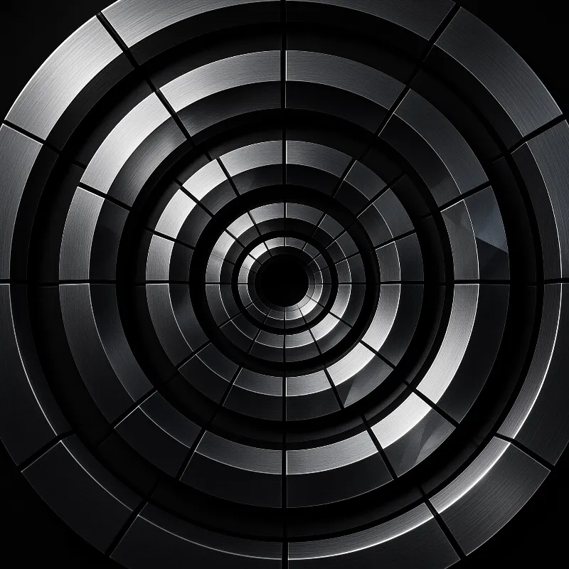 Concentric bands of brushed metal line a deep shaft with alternating bright reflections and deep shadows.