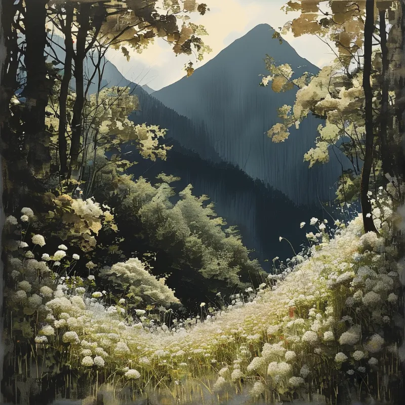 A landscape scene featuring a meadow of white flowers leading towards a dark mountain peak surrounded by trees.
