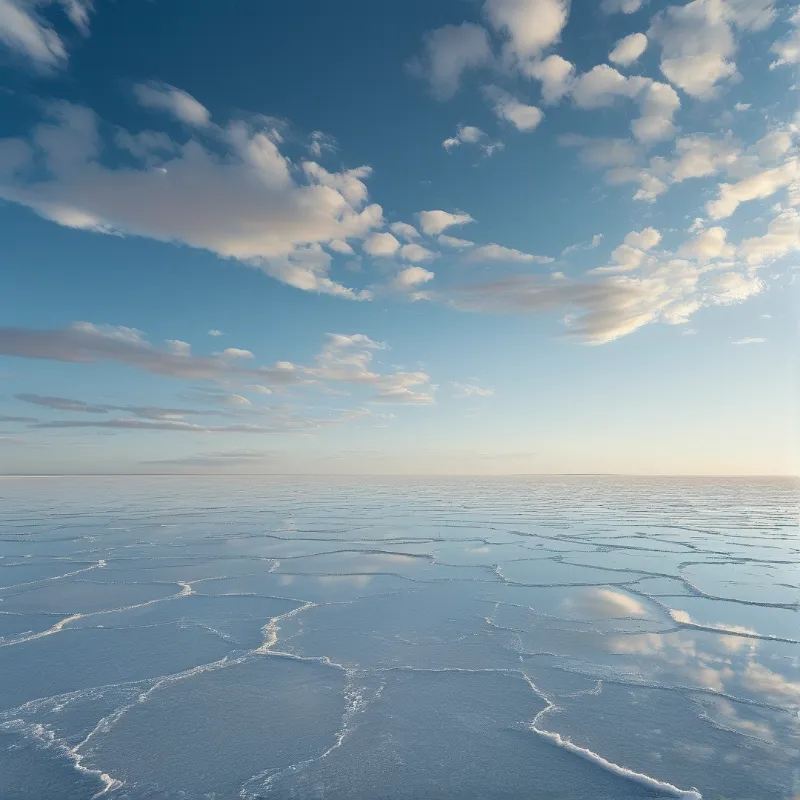 A shallow flooded salt pan reflects a bright sky full of drifting clouds, broken by pale mineral crust lines.