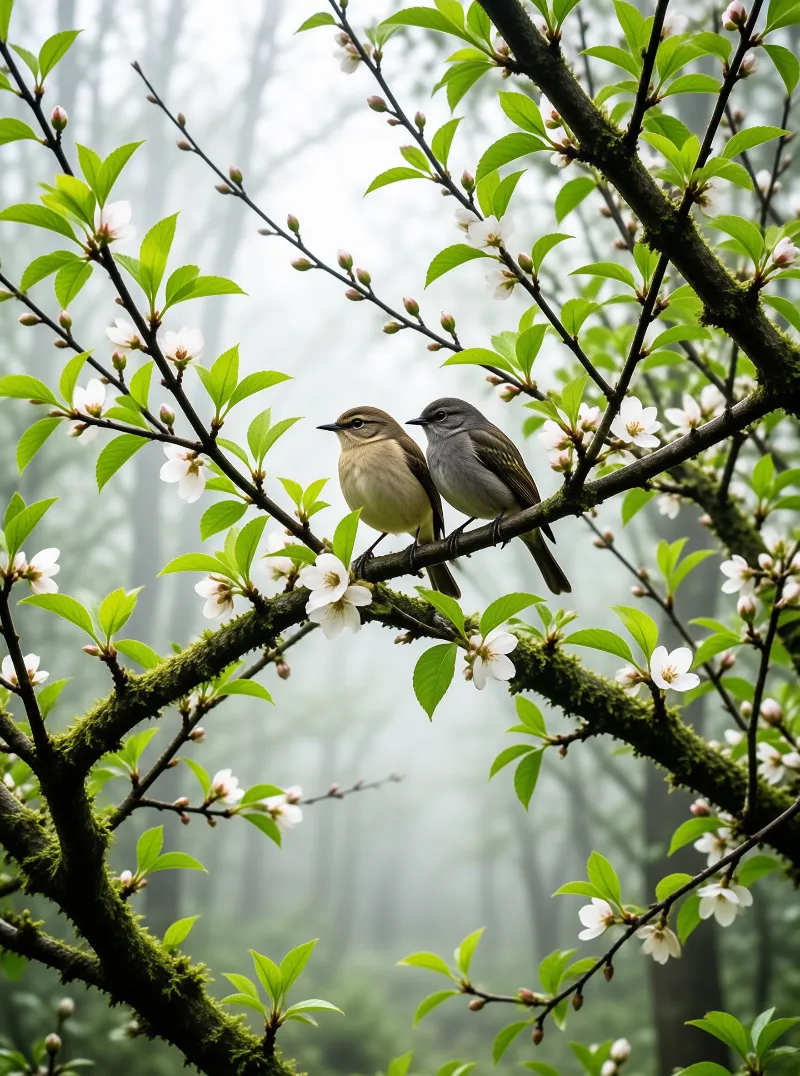 Two birds rest on a mossy branch with white blossoms and green leaves in a foggy forest setting with soft diffused light.