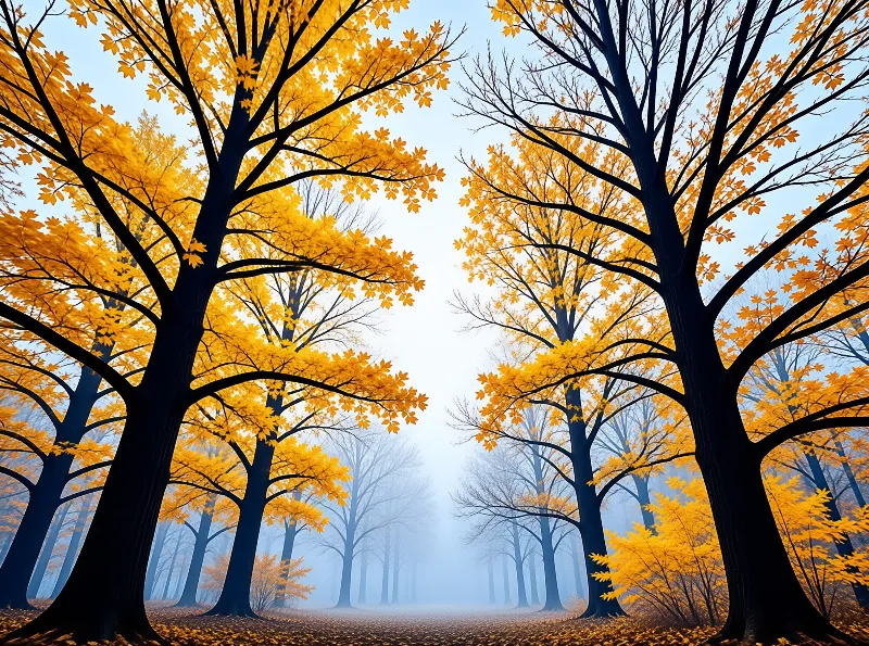 Dark tree trunks frame a misty path, covered in bright yellow autumn leaves against a soft blue sky.