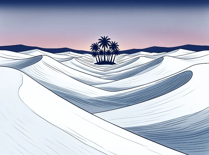 A cluster of dark palm trees stands isolated in the center of rolling white dunes under a soft gradient sky.