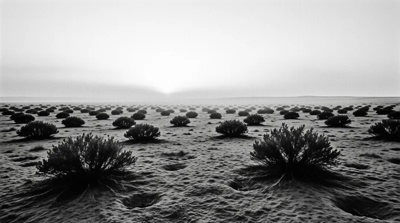Low shrubs scattered across a vast sandy desert landscape under a hazy overcast sky in black and white.