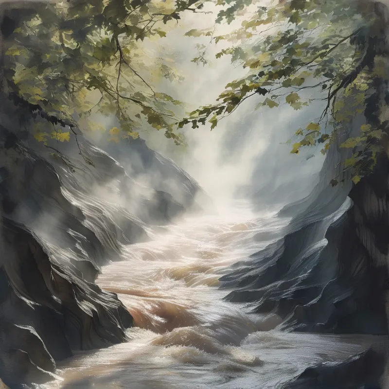 Sunbeams fall through overhanging fall foliage illuminating a rushing brown river flowing through a foggy rocky stone gorge.