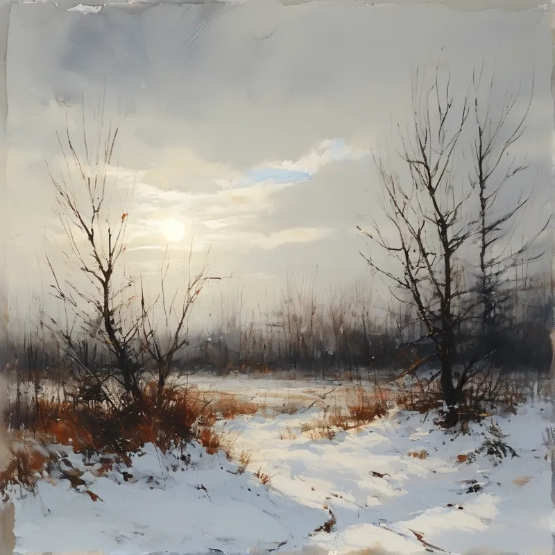 A painterly scene of bare trees in a snow covered field with the sun shining through clouds.