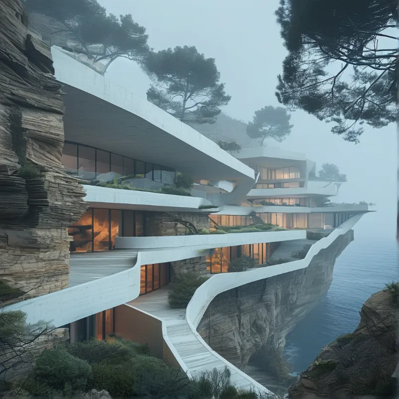 White curved balconies cascade down a rocky cliff while warm interior lights glow through glass walls in mist.