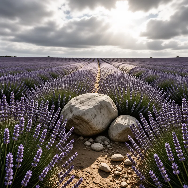 Purple lavender rows stretch to the horizon while a large grey boulder sits on a dirt path beneath a bright cloudy sky.