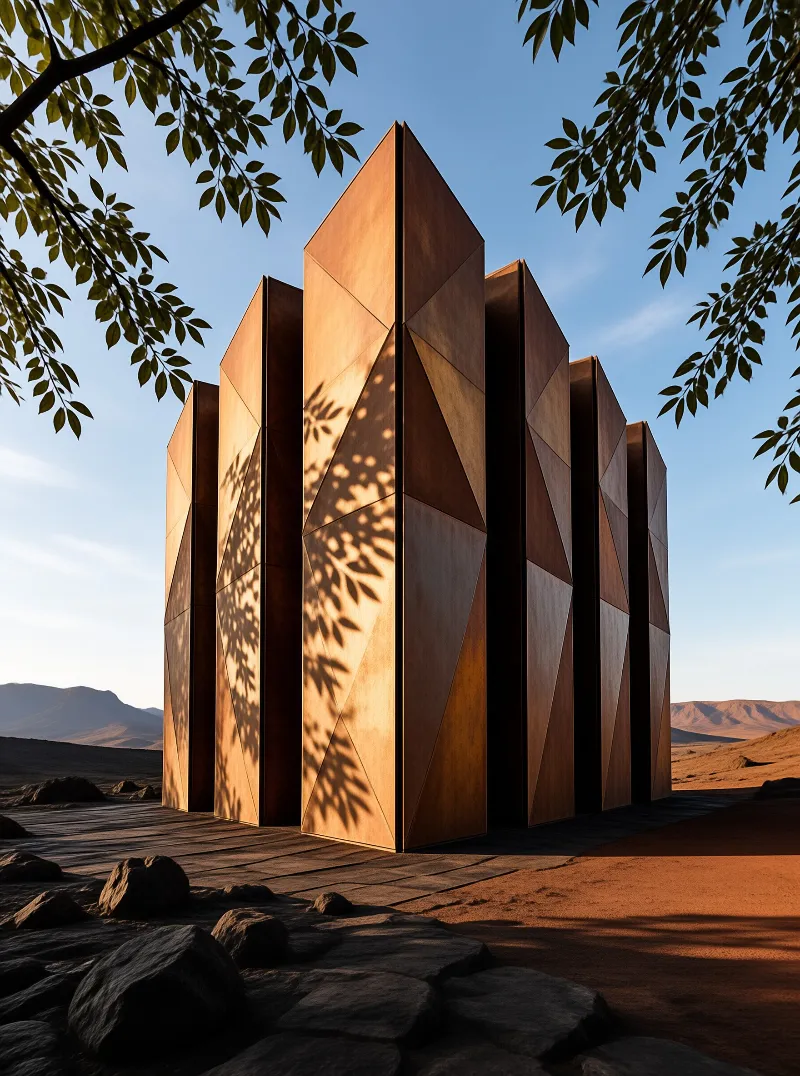 Angular copper panels stand in a rocky desert landscape with dappled tree shadows falling across the faceted surfaces.