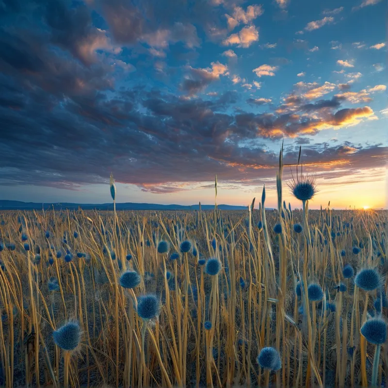 Round blue thistle heads rise from dry golden stalks as a dramatic clouded sunset fills the horizon.