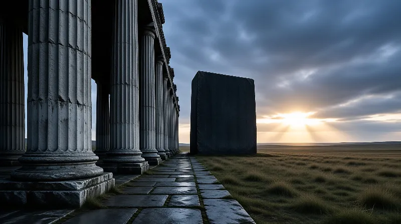 Ancient columns flank a wet stone path leading to a dark monolith on a vast plain during sunset.
