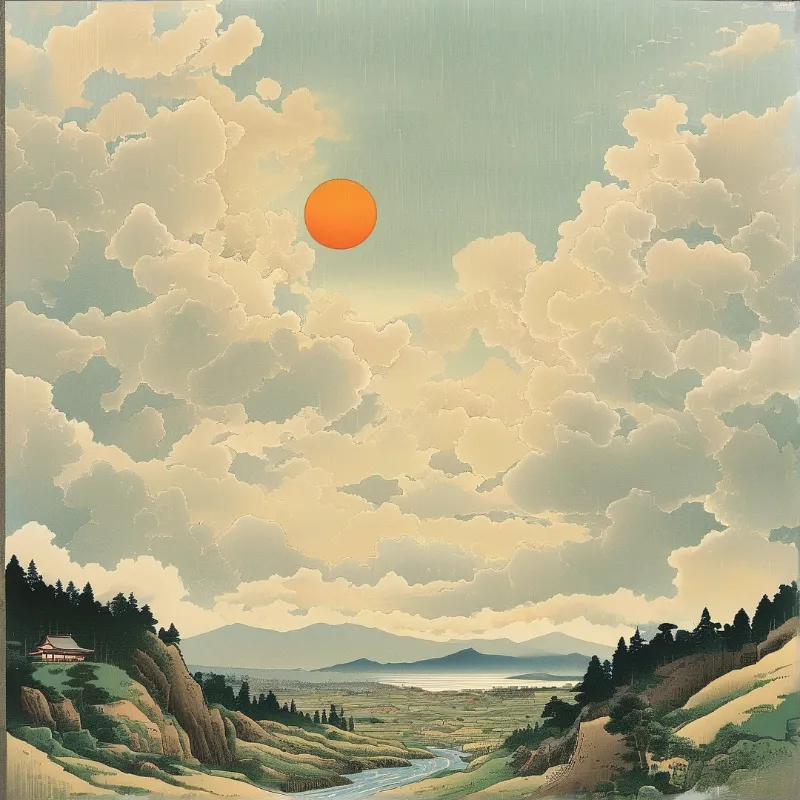 A vintage woodblock print shows an orange sun among pale clouds above green hills, a river, and a distant lake.